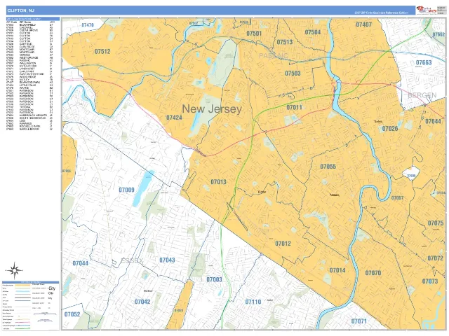Clifton, NJ ZIP Code Wall Map, Business Reference style