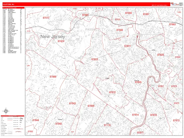 Clifton, NJ ZIP Code Wall Map, RedLine style