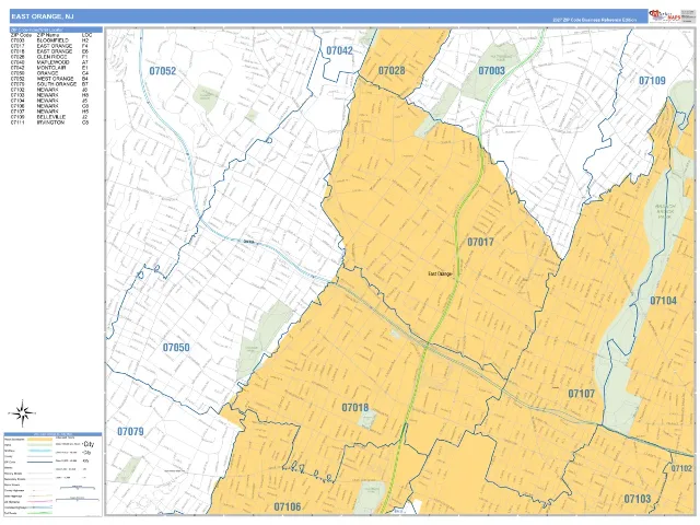 East Orange, NJ ZIP Code Wall Map, Business Reference style