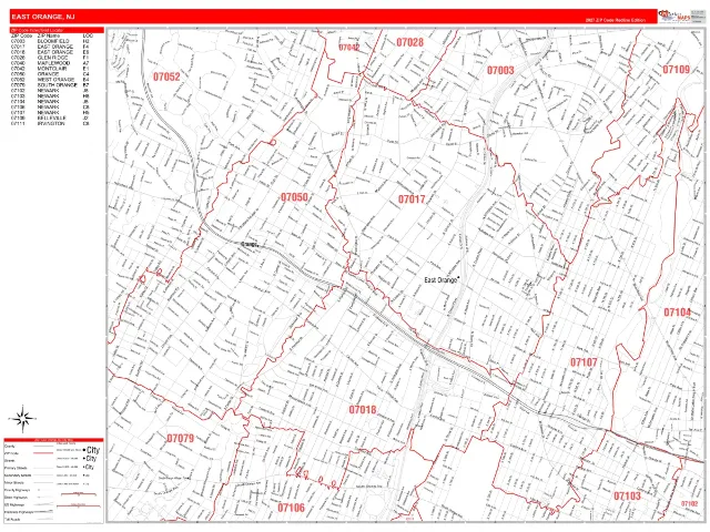 East Orange, NJ ZIP Code Wall Map, RedLine style