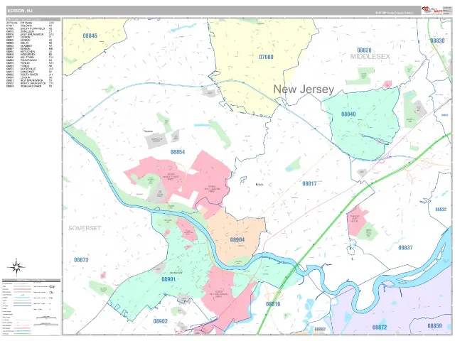 Edison, NJ ZIP Code Wall Map, Classic style
