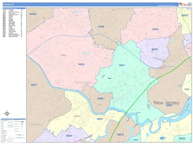 Edison, NJ ZIP Code Wall Map, ColorCast style