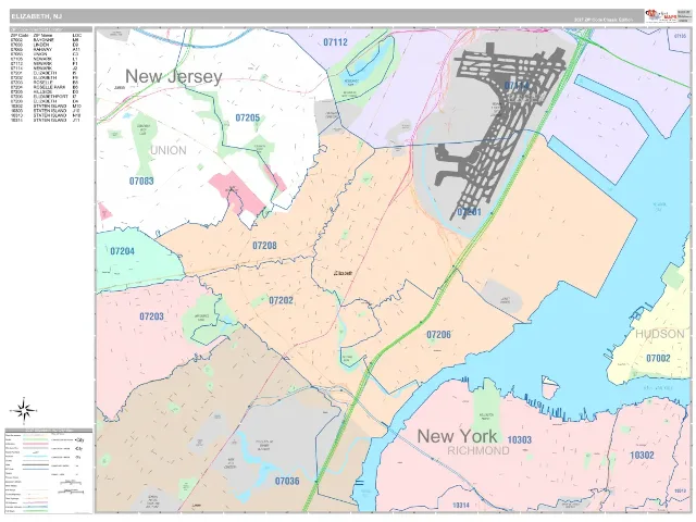 Elizabeth, NJ ZIP Code Wall Map, Classic style