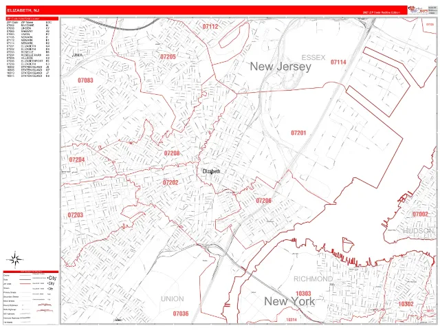 Elizabeth, NJ ZIP Code Wall Map, RedLine style