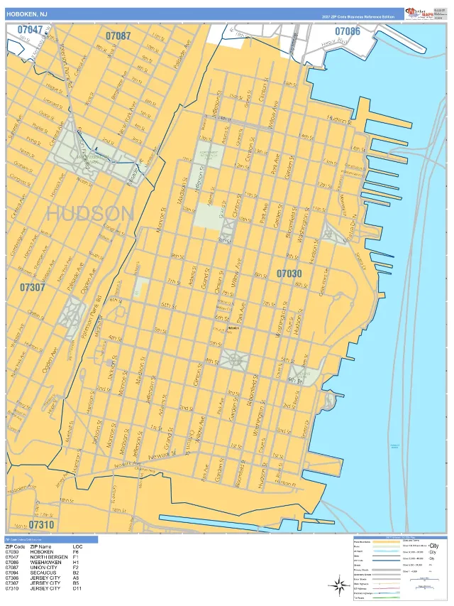 Hoboken, NJ ZIP Code Wall Map, Business Reference style