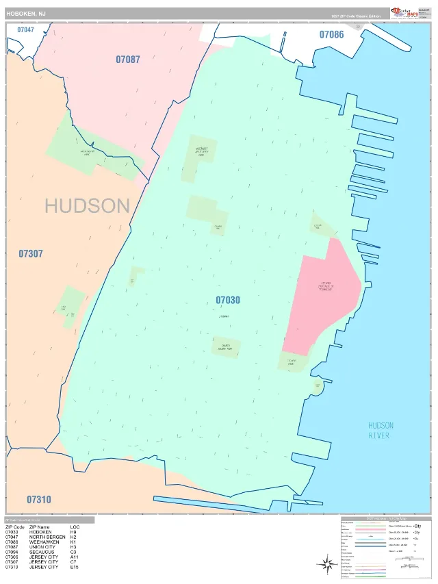 Hoboken, NJ ZIP Code Wall Map, Classic style
