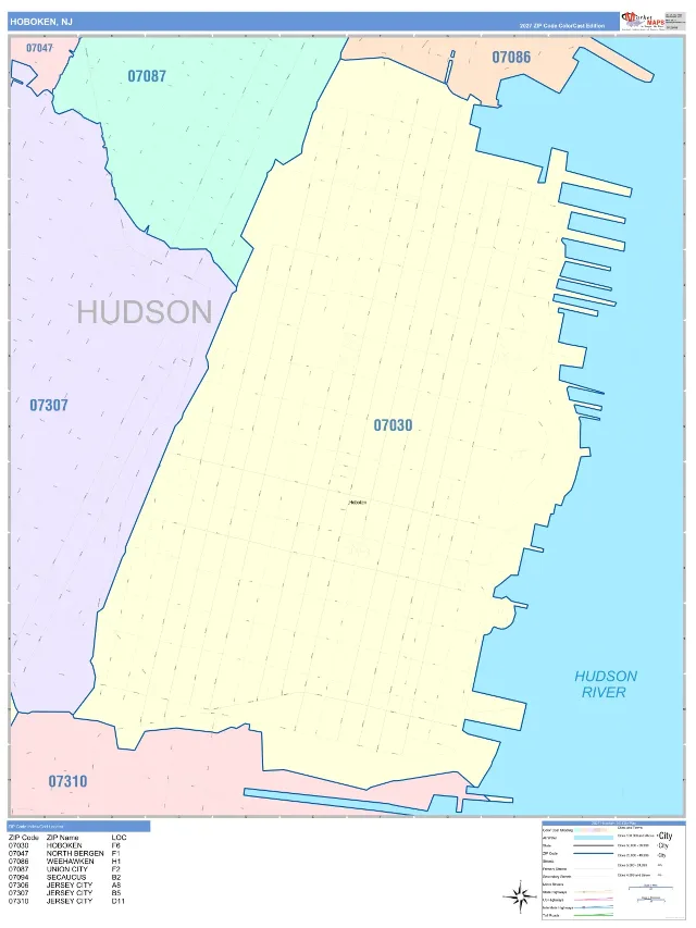Hoboken, NJ ZIP Code Wall Map, ColorCast style