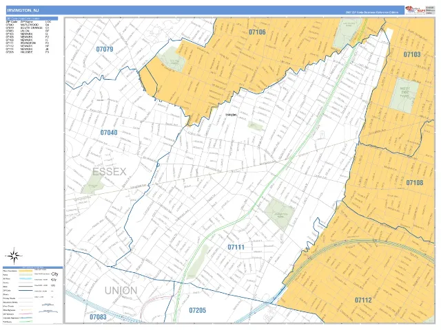 Irvington, NJ ZIP Code Wall Map, Business Reference style