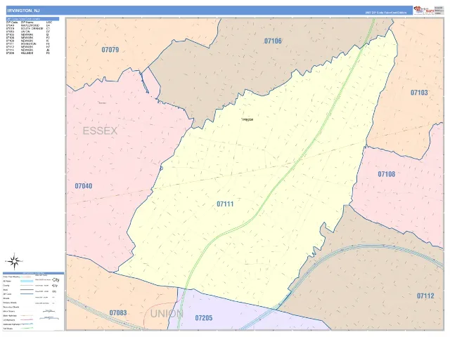Irvington, NJ ZIP Code Wall Map, ColorCast style