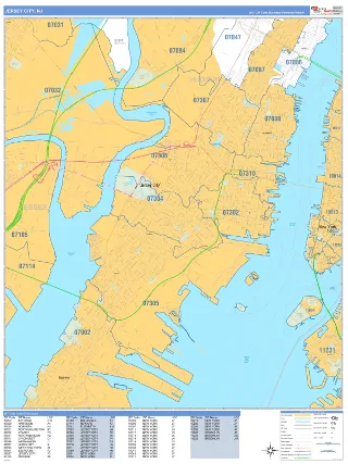 Jersey City, NJ Business Reference style ZIP Code wall map
