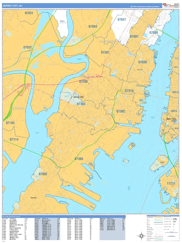 Jersey City, NJ ZIP Code Wall Map, Business Reference style