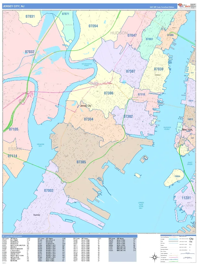 Jersey City, NJ ZIP Code Wall Map, ColorCast style