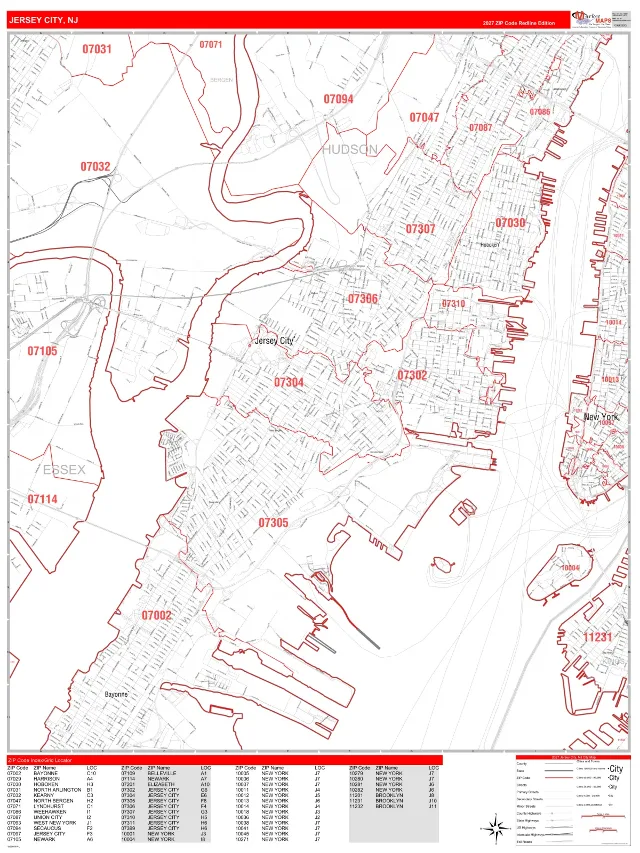 Jersey City, NJ ZIP Code Wall Map, RedLine style