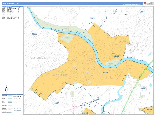 New Brunswick, NJ ZIP Code Wall Map, Business Reference style