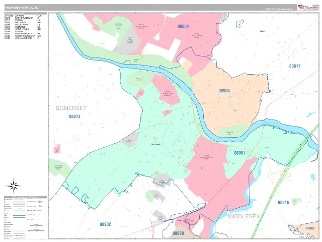 New Brunswick, NJ ZIP Code Wall Map, Classic style