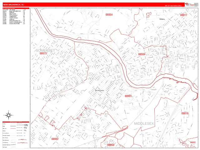 New Brunswick, NJ ZIP Code Wall Map, RedLine style