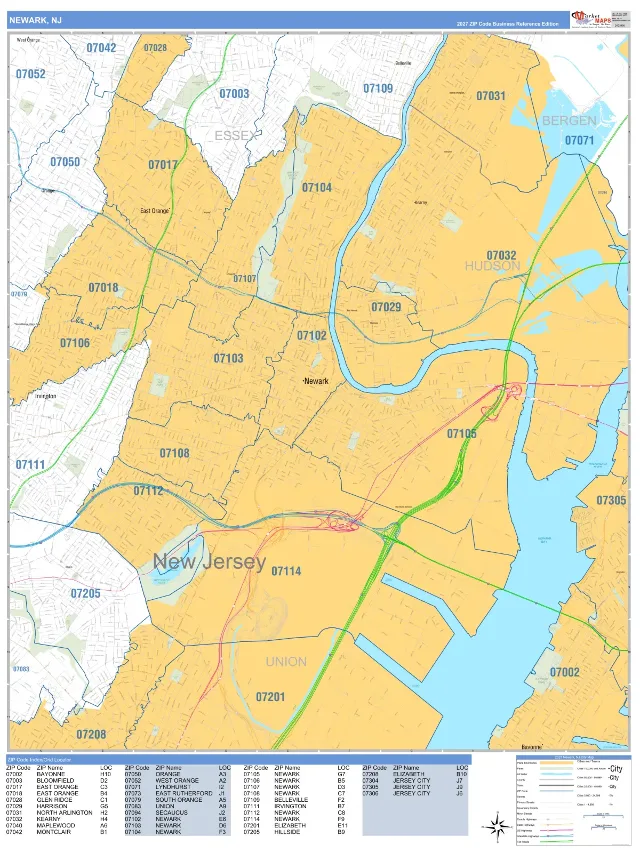 Newark, NJ ZIP Code Wall Map, Business Reference style