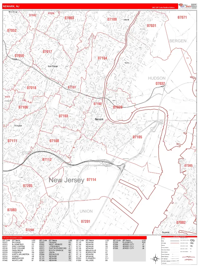 Newark, NJ ZIP Code Wall Map, RedLine style