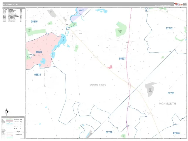 Old Bridge, NJ ZIP Code Wall Map, Classic style