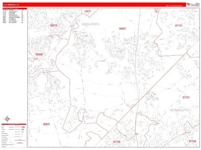 Old Bridge, NJ ZIP Code Wall Map, RedLine style
