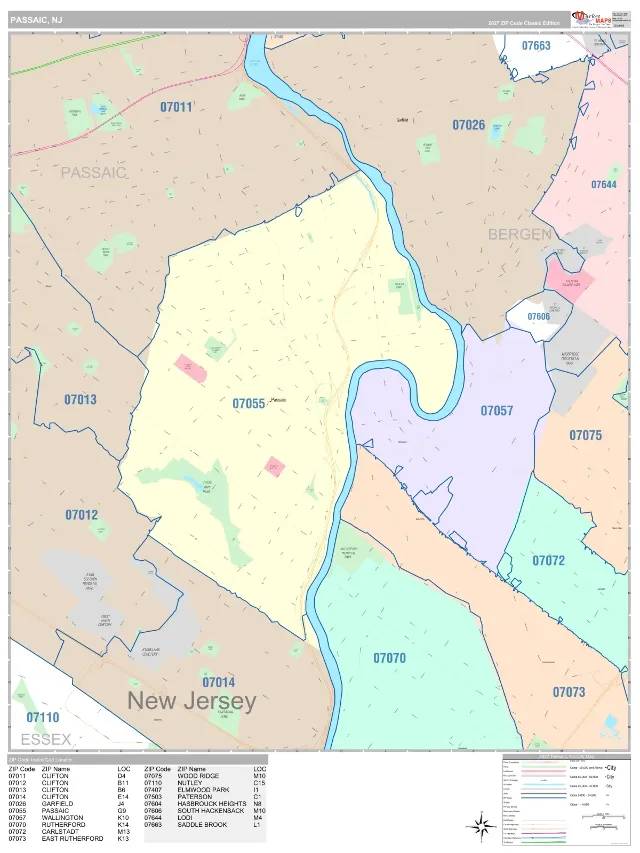 Passaic, NJ ZIP Code Wall Map, Classic style