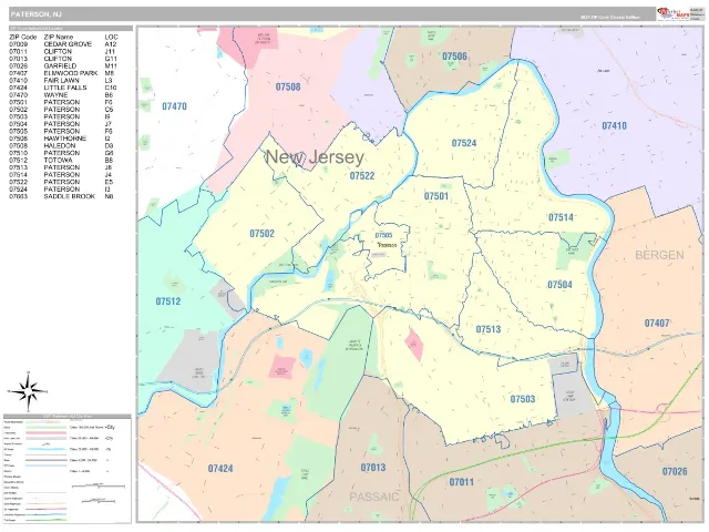 Paterson, NJ ZIP Code Wall Map, Classic style