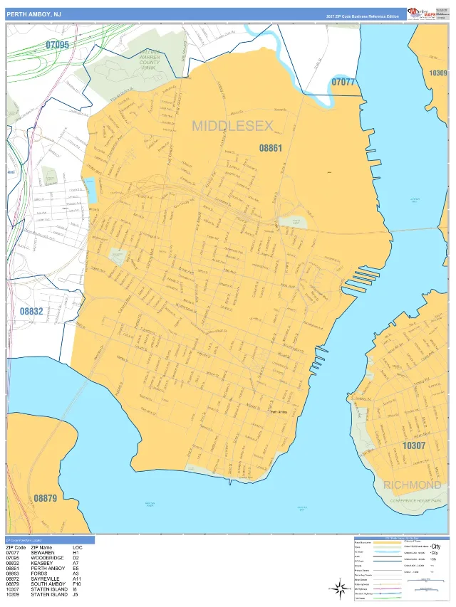 Perth Amboy, NJ ZIP Code Wall Map, Business Reference style