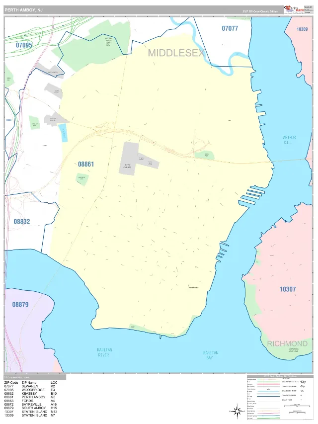 Perth Amboy, NJ ZIP Code Wall Map, Classic style