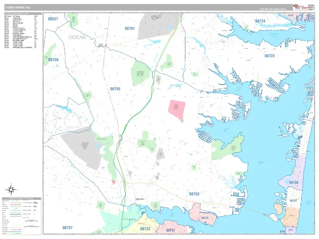 Toms River, NJ ZIP Code Wall Map, Classic style