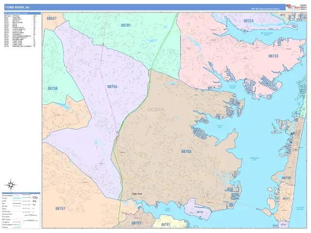 Toms River, NJ ZIP Code Wall Map, ColorCast style