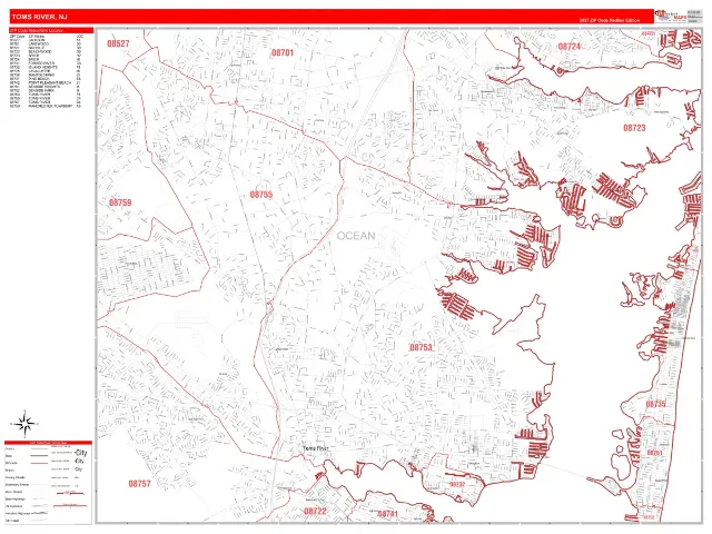Toms River, NJ ZIP Code Wall Map, RedLine style