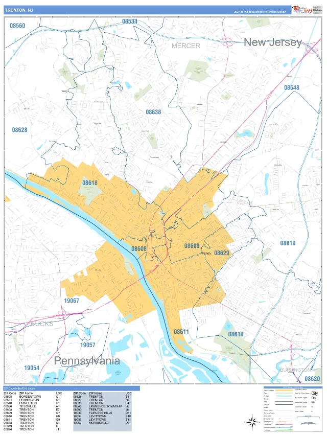 Trenton, NJ ZIP Code Wall Map, Business Reference style