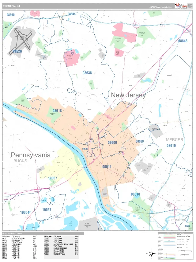 Trenton, NJ ZIP Code Wall Map, Classic style