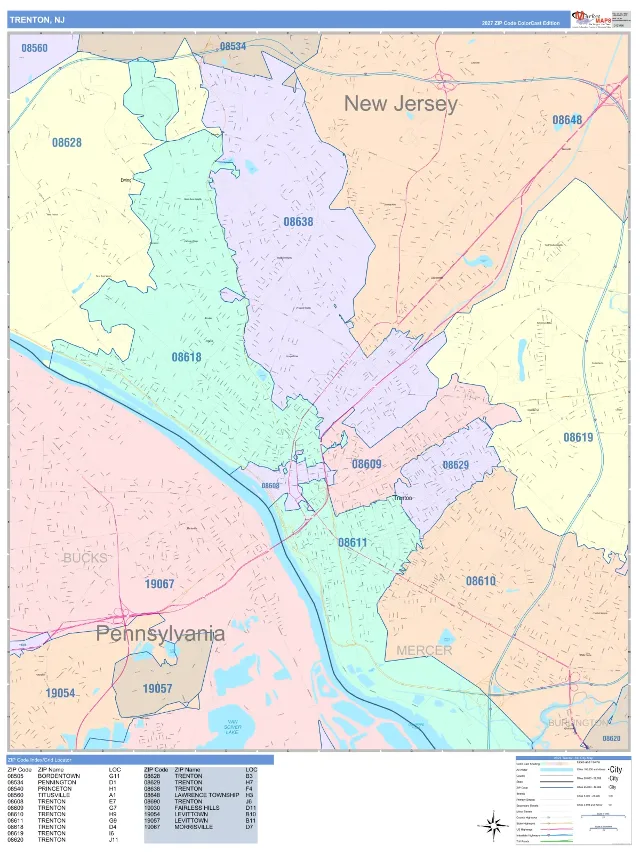 Trenton, NJ ZIP Code Wall Map, ColorCast style