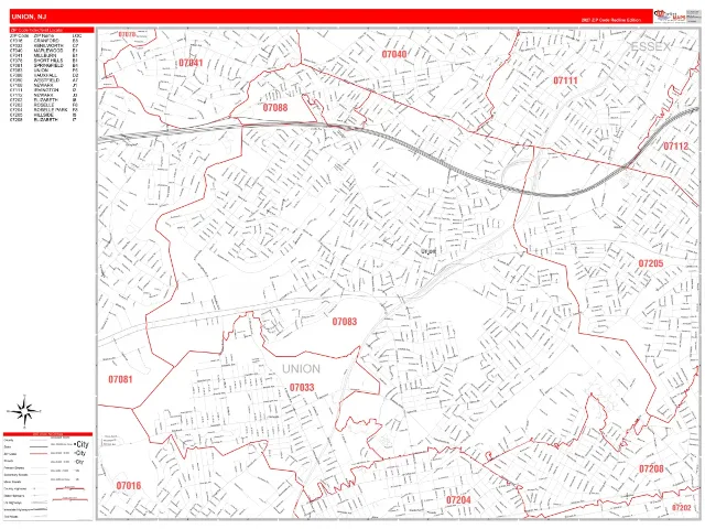 Union, NJ ZIP Code Wall Map, RedLine style