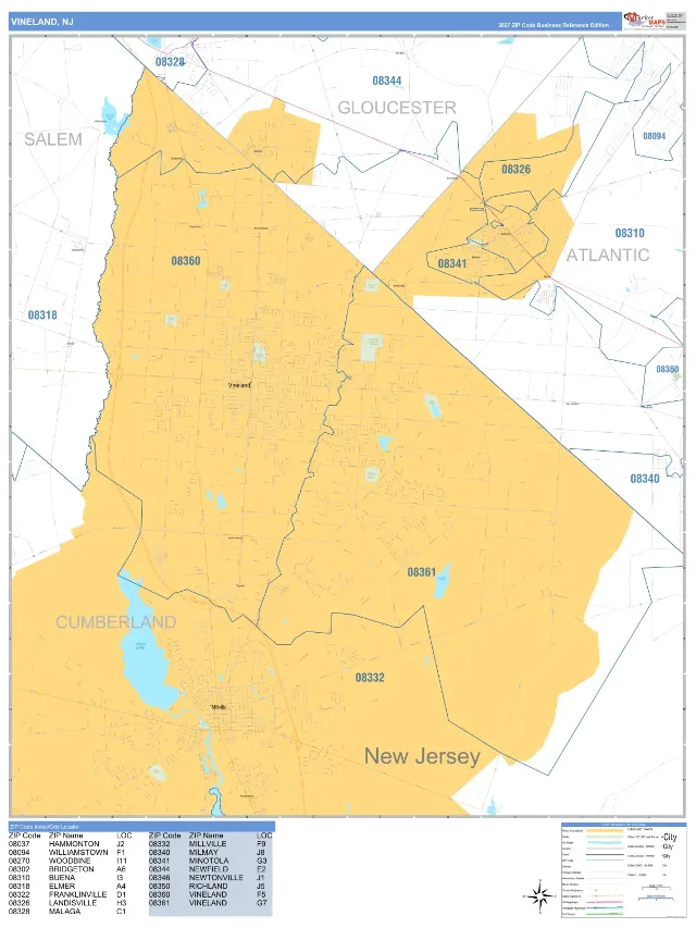 Vineland, NJ ZIP Code Wall Map, Business Reference style