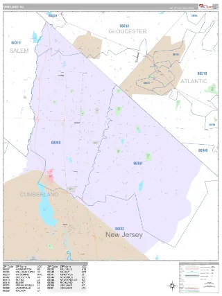 Vineland, NJ Classic style ZIP Code wall map