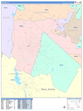 Vineland, NJ ColorCast style ZIP Code wall map