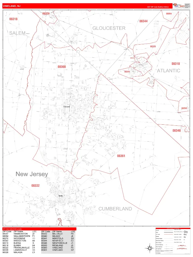 Vineland, NJ ZIP Code Wall Map, RedLine style