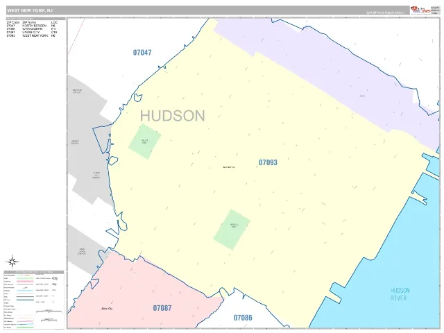 West New York, NJ ZIP Code Wall Map, Classic style