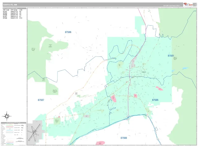 Santa Fe, NM ZIP Code Wall Map, Classic style