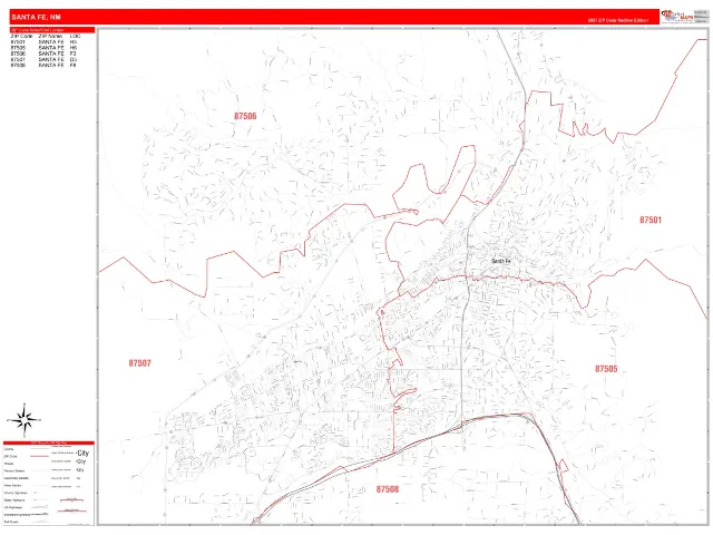 Santa Fe, NM ZIP Code Wall Map, RedLine style