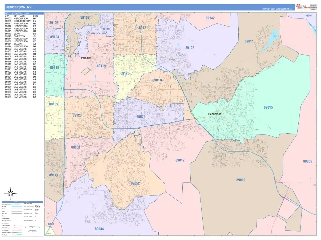 Henderson, NV ZIP Code Wall Map, ColorCast style