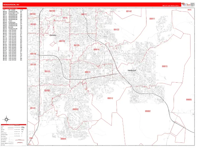 Henderson, NV ZIP Code Wall Map, RedLine style