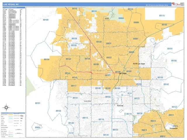 Las Vegas, NV ZIP Code Wall Map, Business Reference style