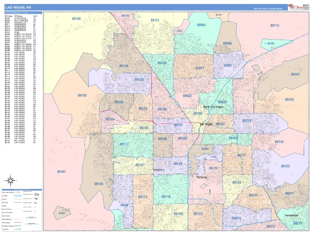 Las Vegas, NV ZIP Code Wall Map, ColorCast style
