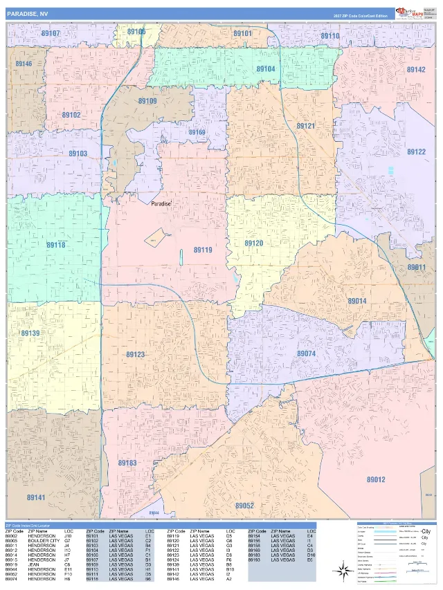 Paradise, NV ZIP Code Wall Map, ColorCast style