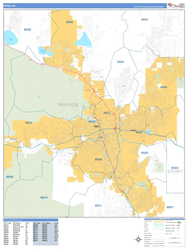Reno, NV ZIP Code Wall Map, Business Reference style