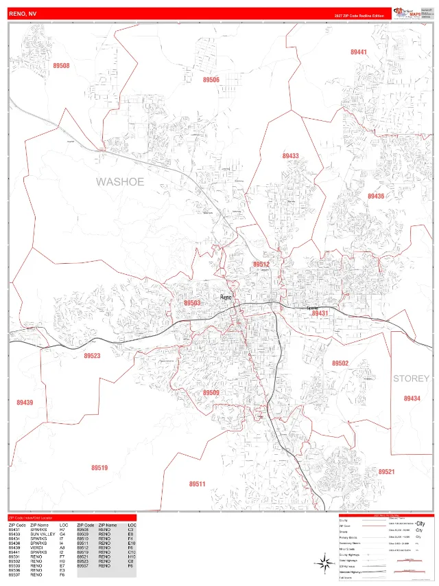 Reno, NV ZIP Code Wall Map, RedLine style