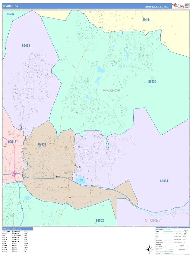 Sparks, NV ZIP Code Wall Map, ColorCast style